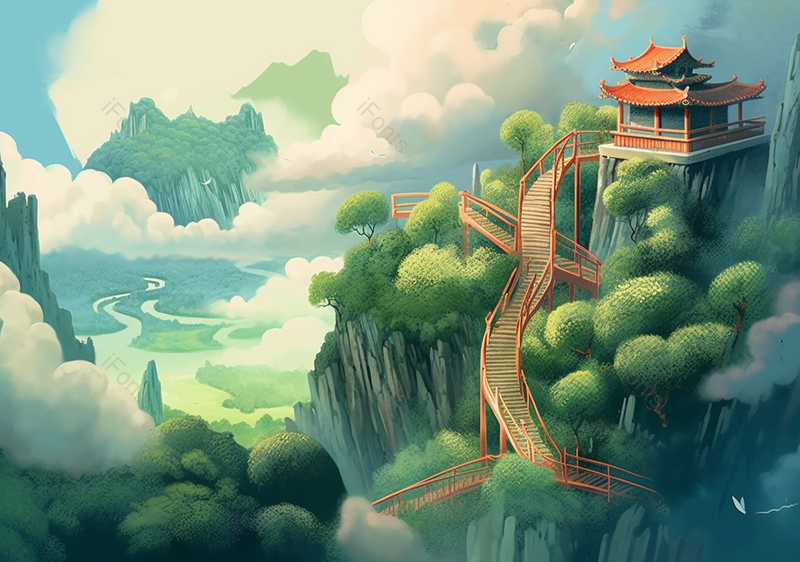 高山雨雾的古式建筑楼阁和树林背景,插画/手绘图,插画/手绘图库,插画/手绘图下载,插画/手绘